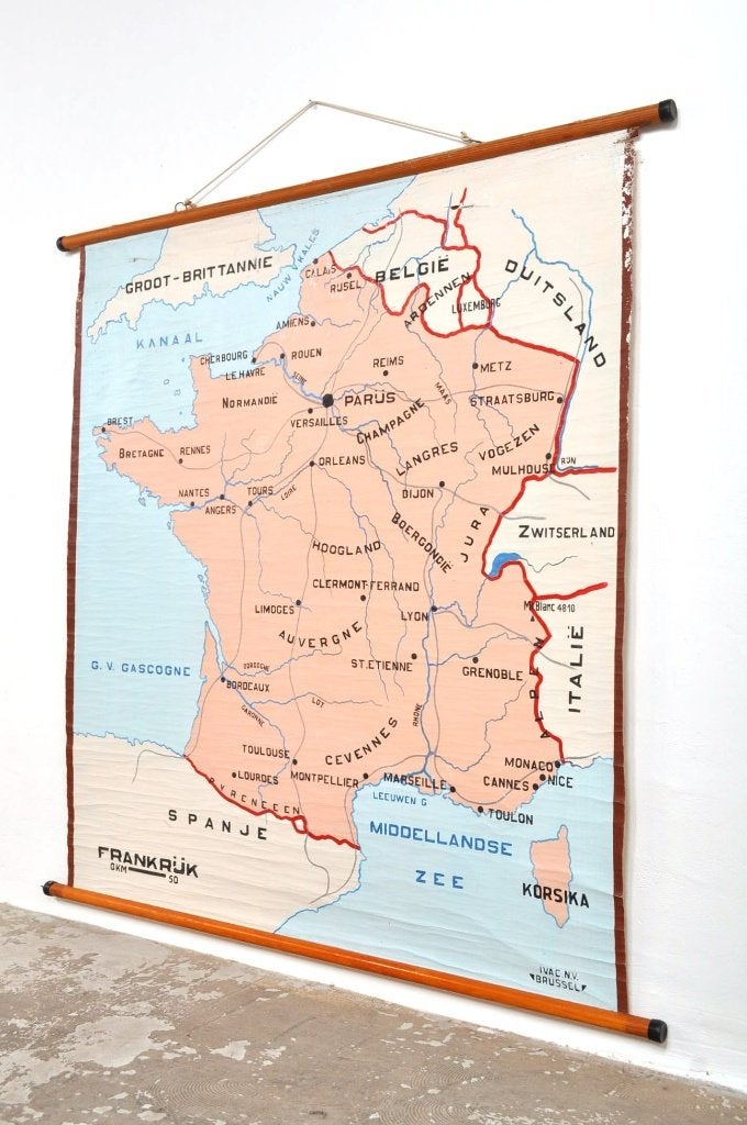 Vintage landkaart Frankrijk geschilderd linnen kaart 50s, Antiek en Kunst, Ophalen of Verzenden, Aardrijkskunde