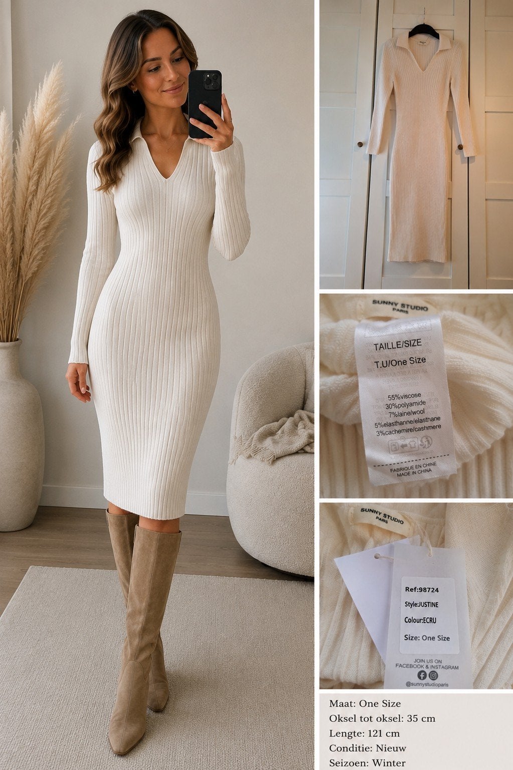 Sunny Studio Paris Justine jurk – Ecru – One Size – Nieuw, Beige, Nieuw, Ophalen of Verzenden, Maat 36 (S)