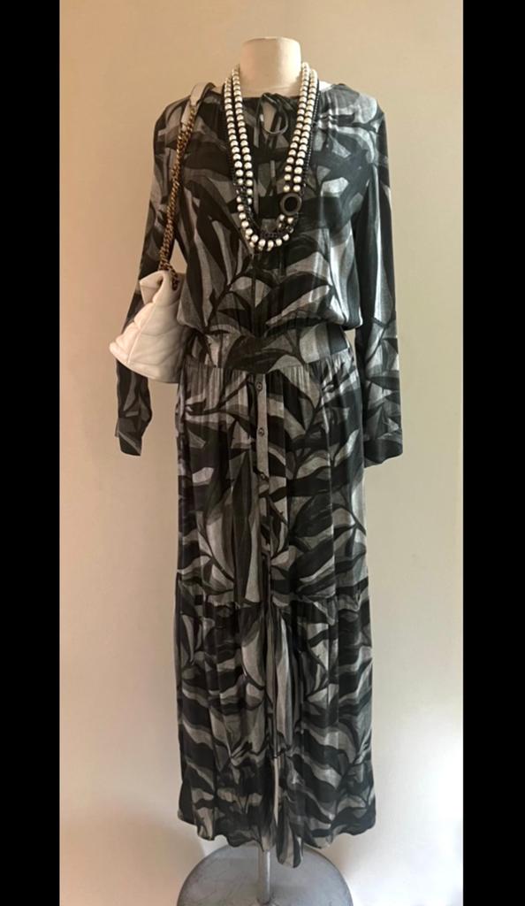 Scapa 38/40 lange jurk in grijs tinten bladmotief, Kleding | Dames, Maat 38/40 (M), Verzenden, Zo goed als nieuw, Grijs