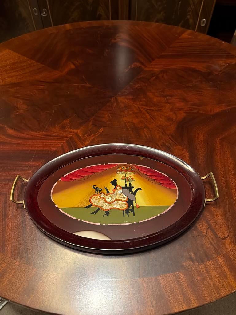 Vintage Ovale Dienblad met Exotische Dame en Kat, Ophalen of Verzenden
