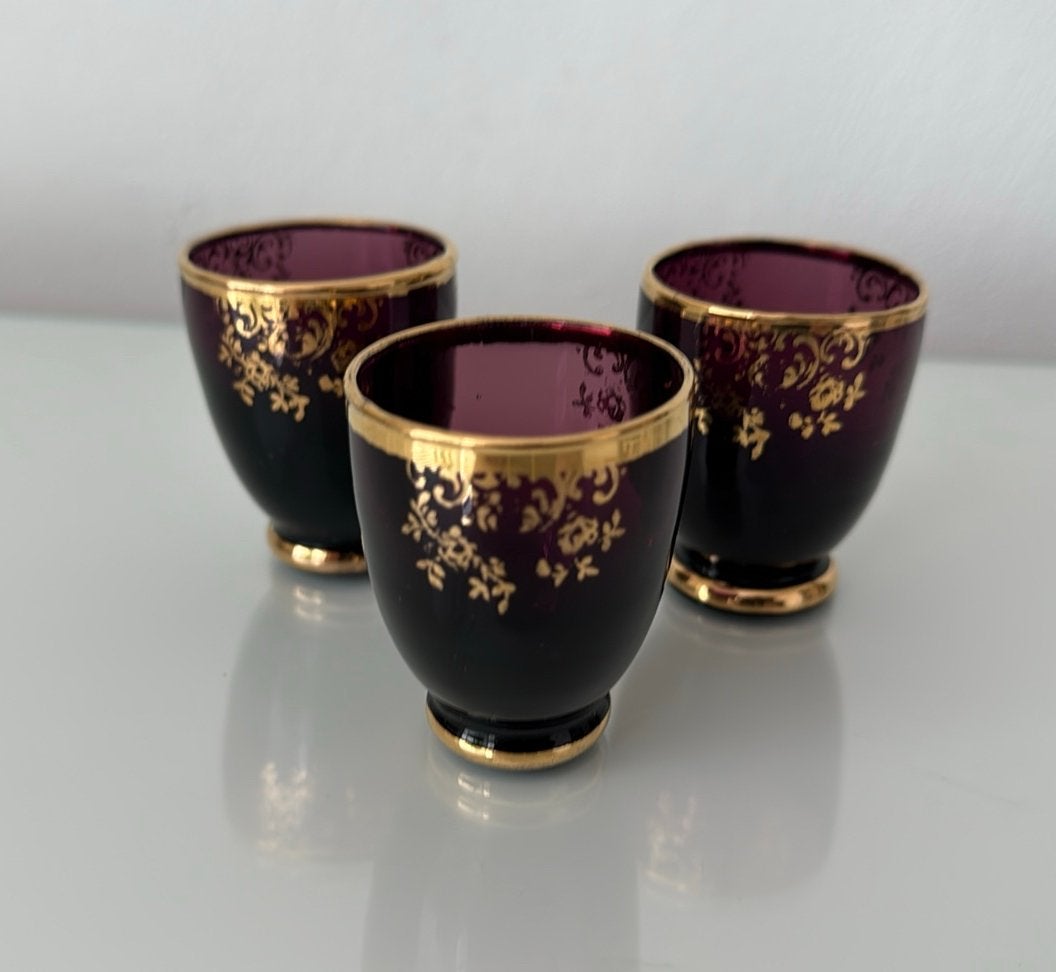 3 oude Brocante borrelglaasjes paars goud, Ophalen of Verzenden