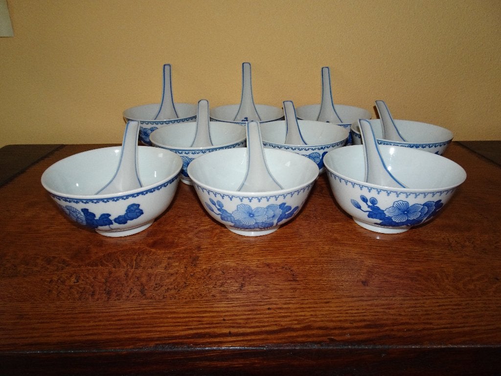 9 Chinese soep/rijstkommen met bijpassende lepels, Huis en Inrichting, Ophalen of Verzenden, Zo goed als nieuw, Kom(men), Overige stijlen