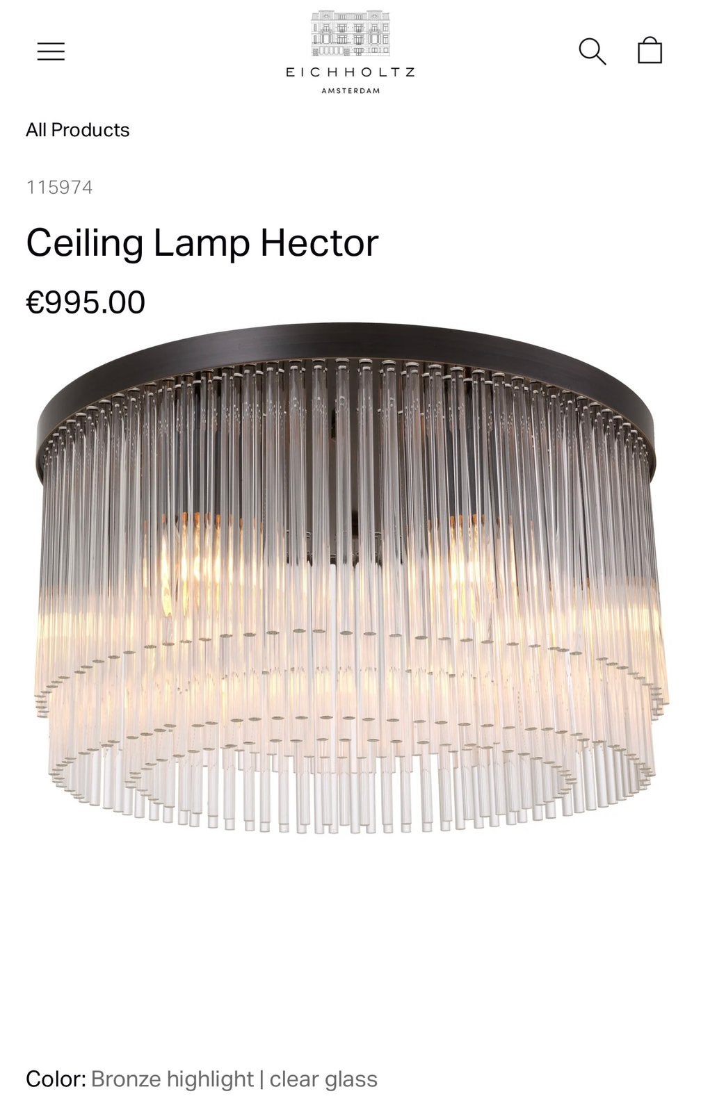 Eichholtz Plafondlamp Hector - Luxe Design Verlichting, Ophalen, Modern, Glas, Zo goed als nieuw