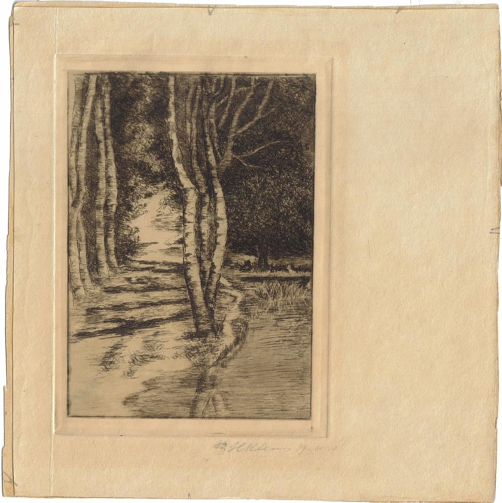 Bernard Klene ets "Bomen Langs Bospad ',1908, gesigneerd, Antiek en Kunst, Ophalen, Landschap, Ets, Origineel