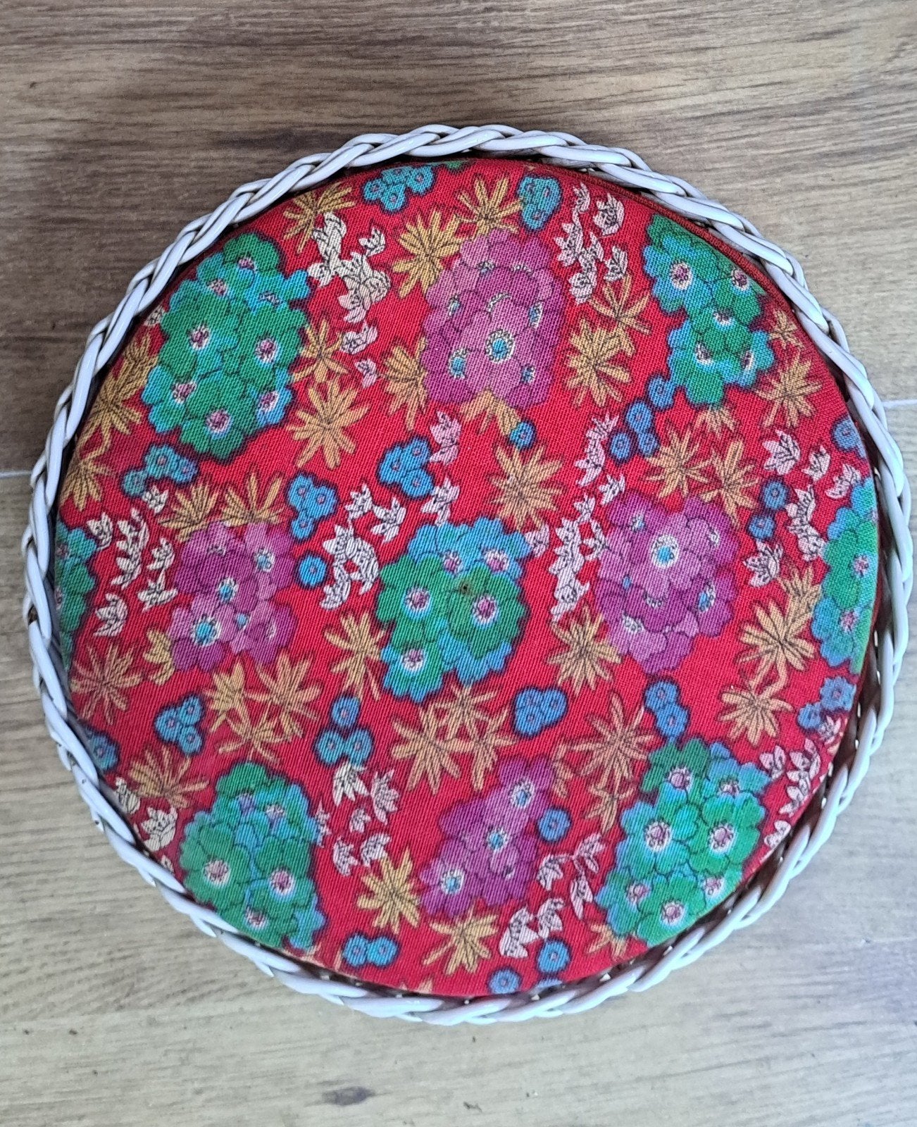 Vintage Rieten naai mandje 24 cm * bloemenprint deksel, Ophalen of Verzenden