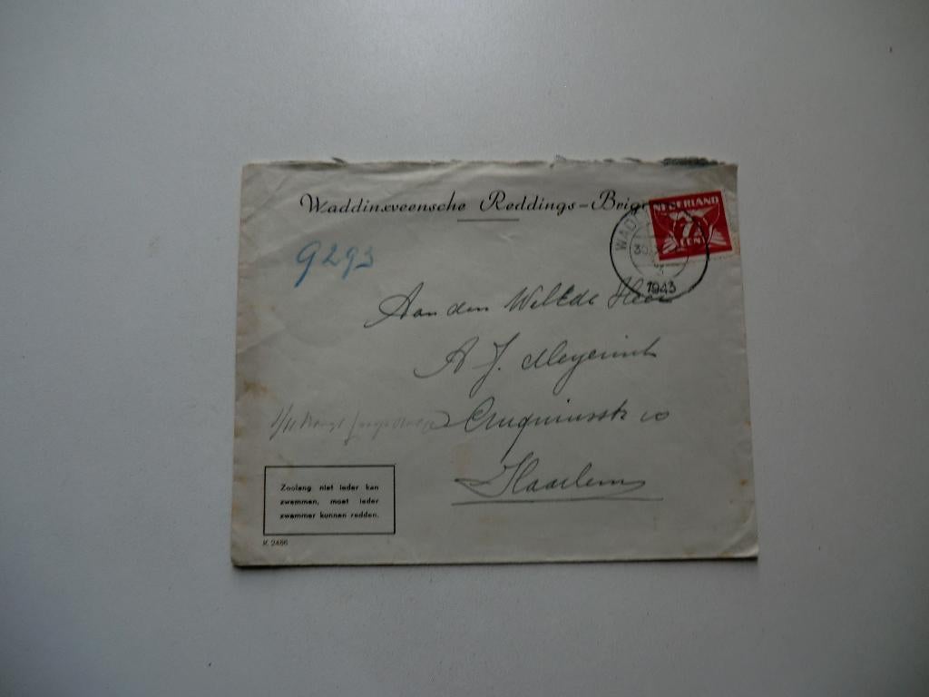 Waddinxveen,Reddingsbrigade,Haarlem,1943,Envelop, Verzamelen, Verzenden, 1940 tot 1960, Gelopen, Noord-Holland