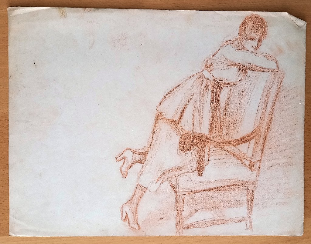 A493-31 Oude tekening vrouw knielend op stoel + stadgezicht, Ophalen of Verzenden
