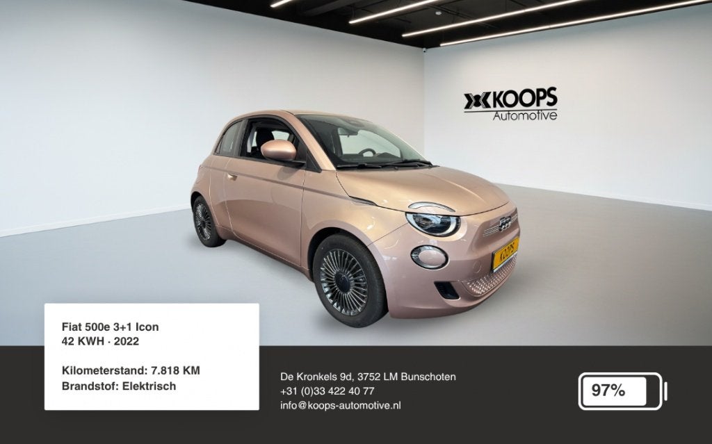 Fiat 500E 3+1 Icon 42 KWH SOH 97% | Carplay | Lane Assist |, Automaat, Gebruikt, 118 pk, Overige kleuren
