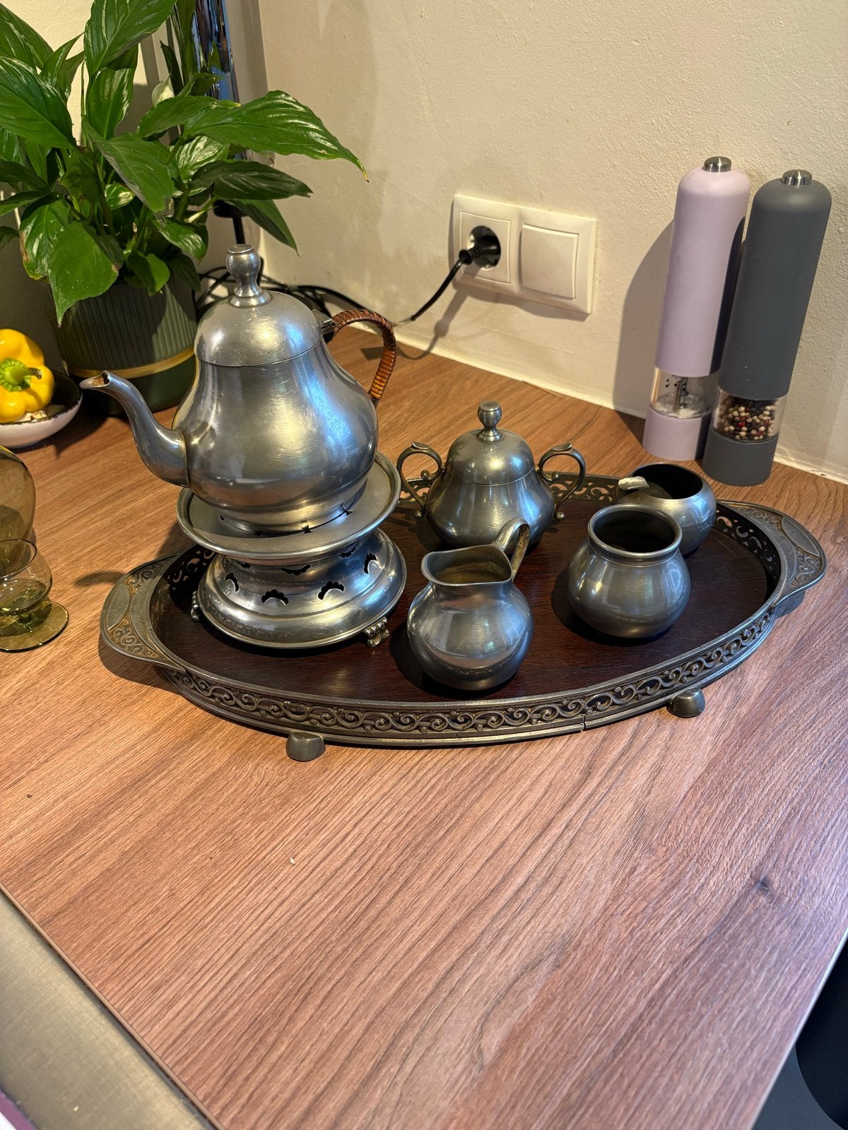 Antiek tinnen theeservies met dienblad en theelicht, Antiek en Kunst, Antiek | Tin, Ophalen