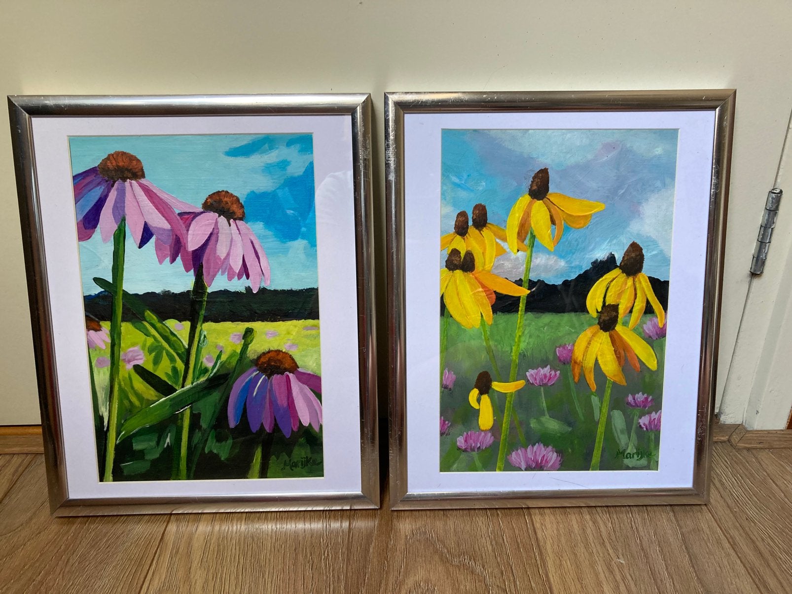Set van 2 acryl schilderijtjes, Acrylverf, Ophalen of Verzenden, Ingelijst, Overige materialen