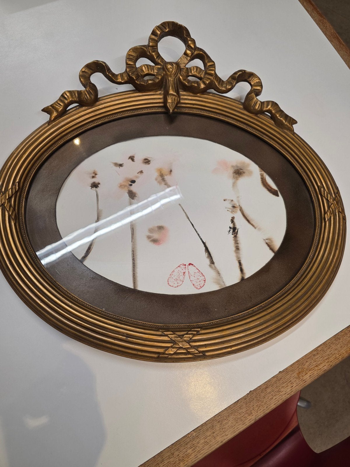 Ovale lijst met strik en aquarel van bloemen, Antiek en Kunst, Ophalen of Verzenden