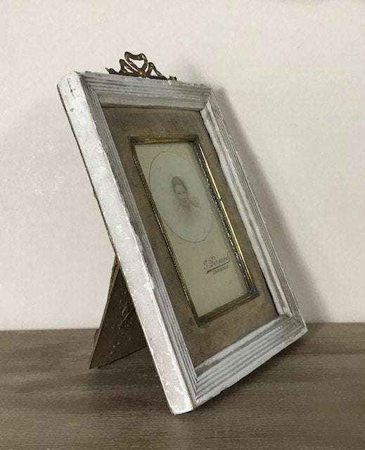 Antiek Frans strik lijstje met originele portretfoto ca 1880, Ophalen of Verzenden