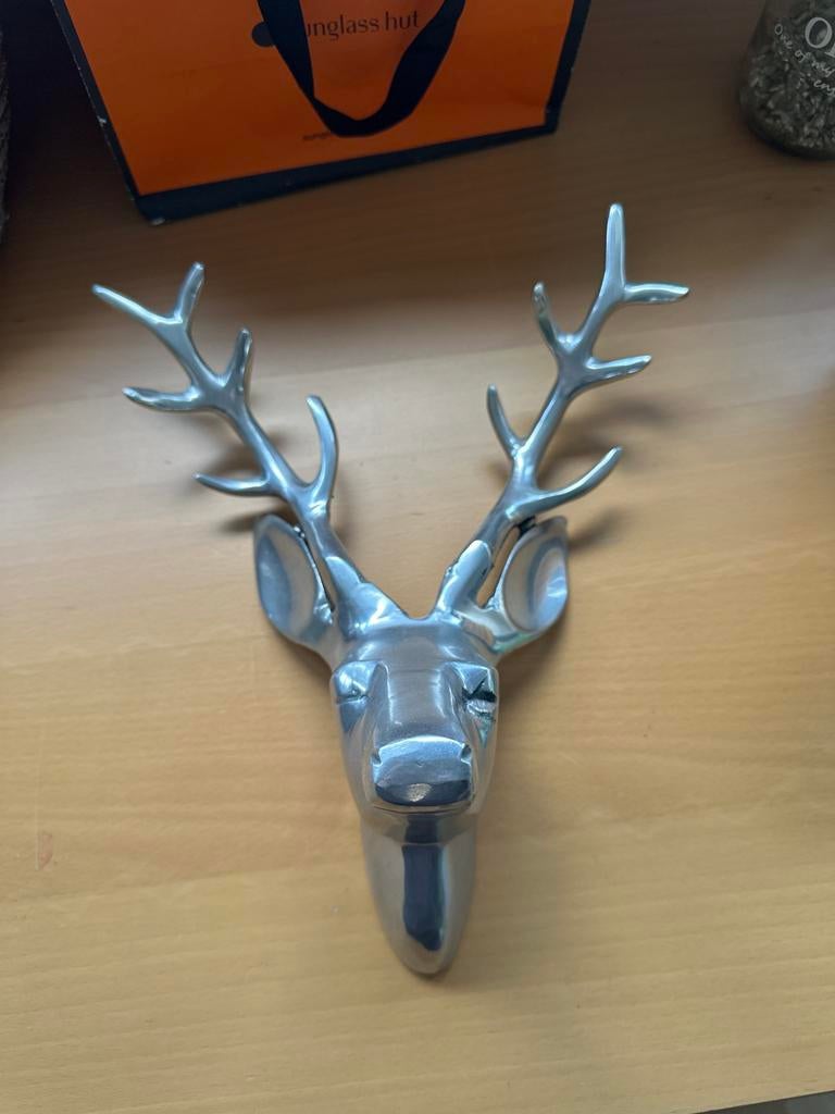 Zilverkleurige Hertenkop Decoratie, Ophalen, Gebruikt, Zilver, Metaal