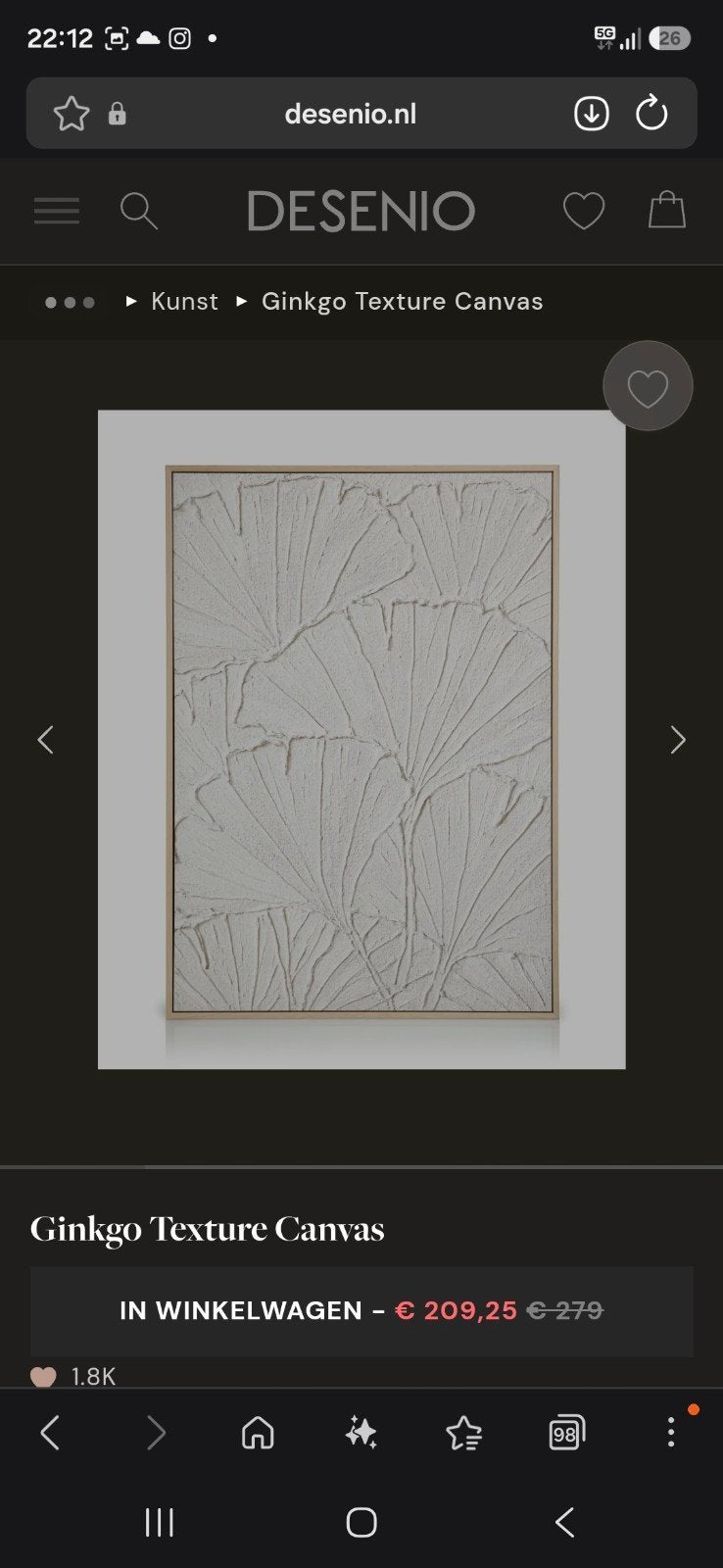 Ginkgo Texture Canvas Schilderij met Houten Lijst (70x100), Ophalen of Verzenden