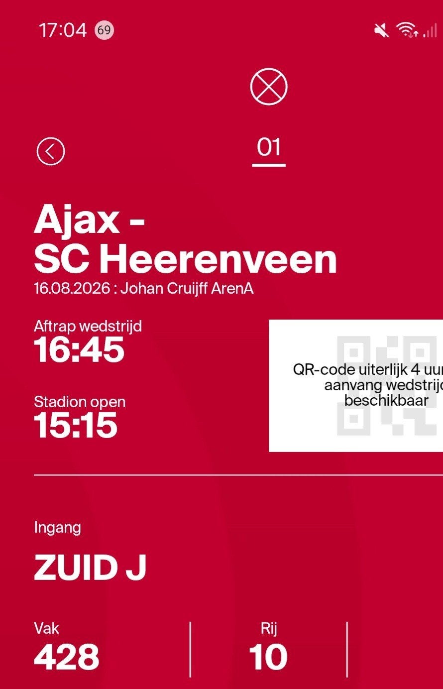 Ajax-Heerenveen prachtige plaats vak 428 rij 10 vanaf 40 eur, Tickets en Kaartjes, Seizoenskaart, Eén persoon, Augustus