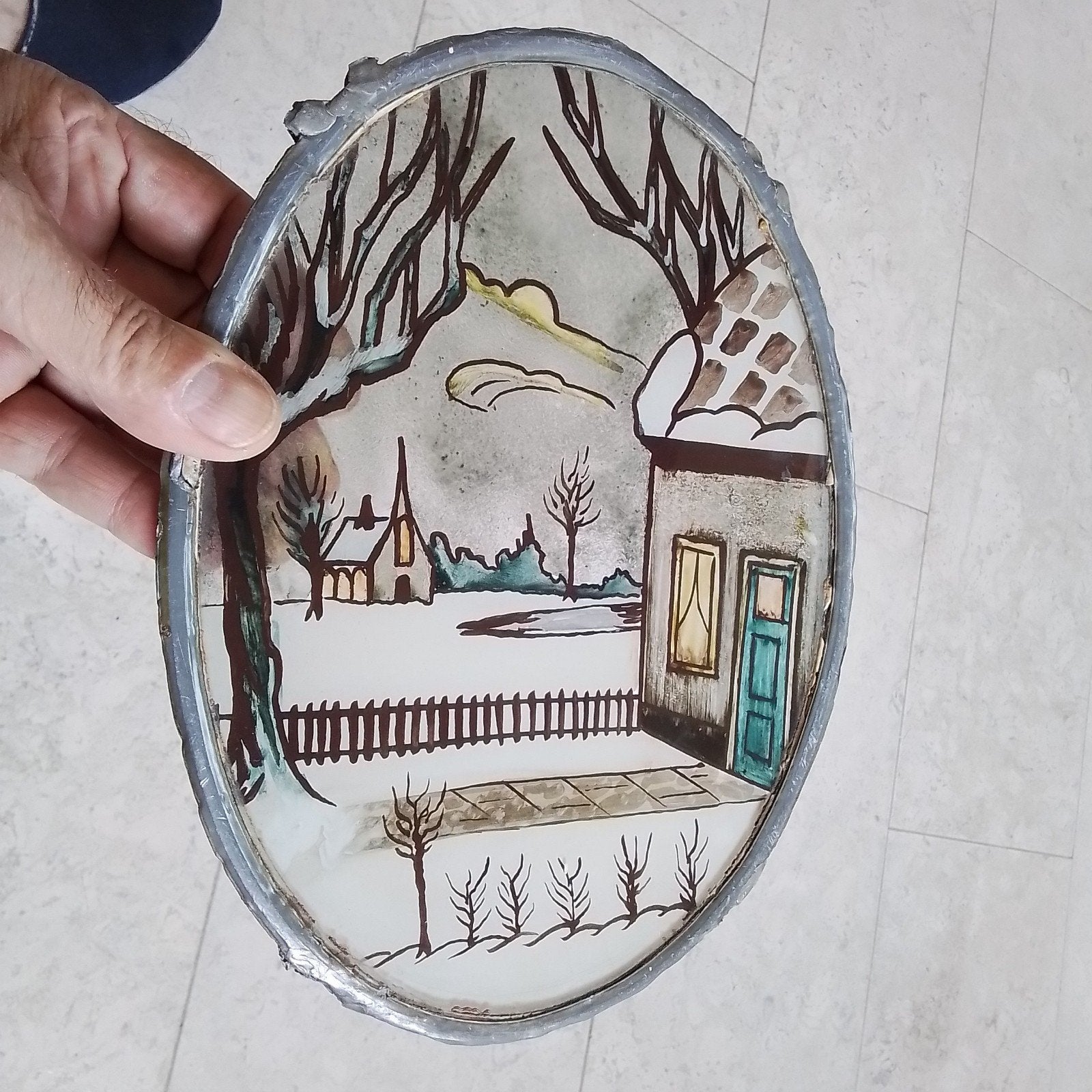 Huisje in sneeuwlandschap, glas in lood, Antiek en Kunst, Antiek | Glas en Kristal, Ophalen of Verzenden