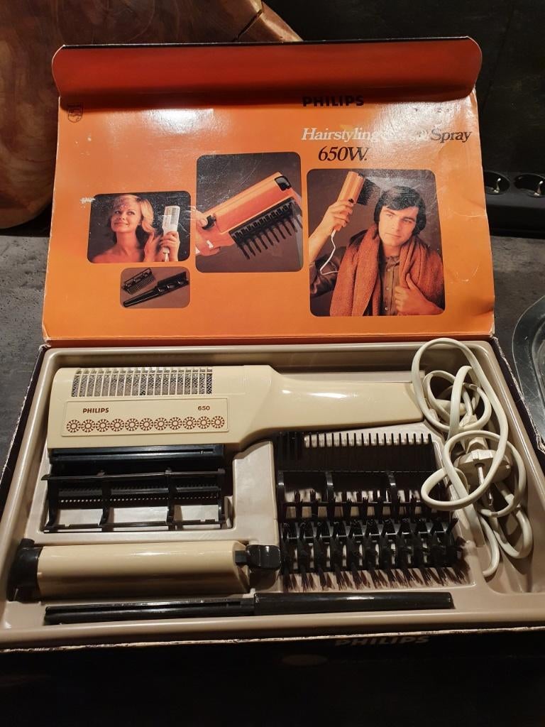 Origineel jaren 70 werkend Philips vintage haarstylingset..., Ophalen of Verzenden, Zo goed als nieuw, Föhn of Haardroger