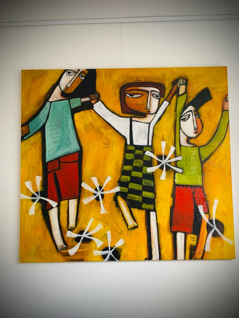 Abstract Schilderij met dansende kinderen, Ophalen of Verzenden