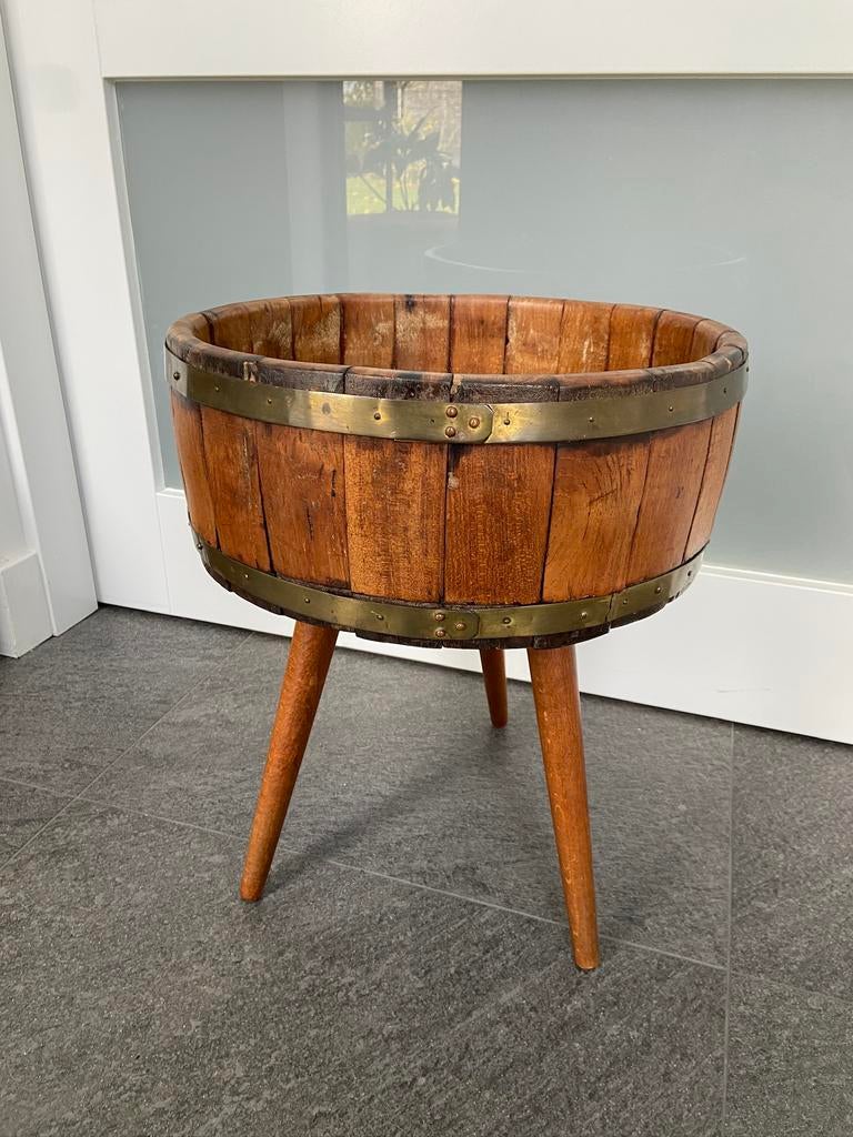 Vintage plantenbak tafeltje oude houten kaasmal op 3 poten, Ophalen