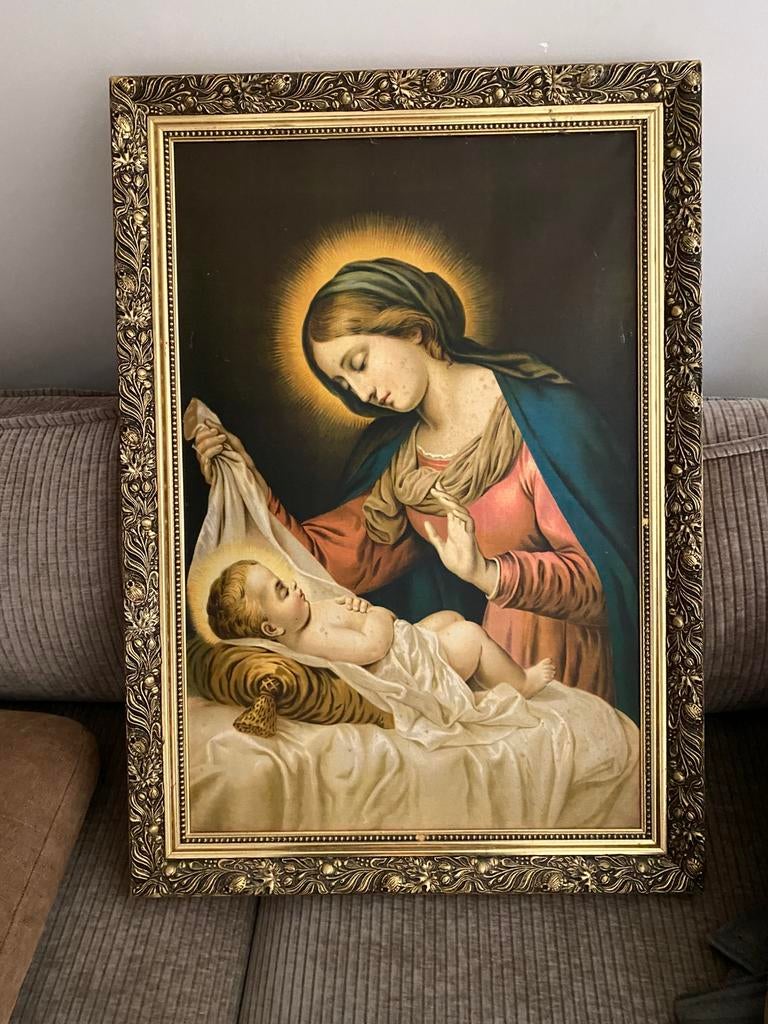 Prachtig groot schilderij, Maria met het kindjeJezus, Antiek en Kunst, Antiek | Religie, Ophalen