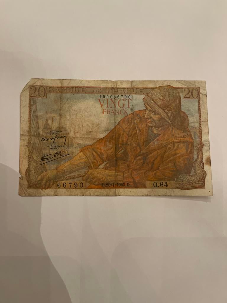 Frans biljet van 20 Francs - 1943, Ophalen of Verzenden, Frankrijk, Los biljet