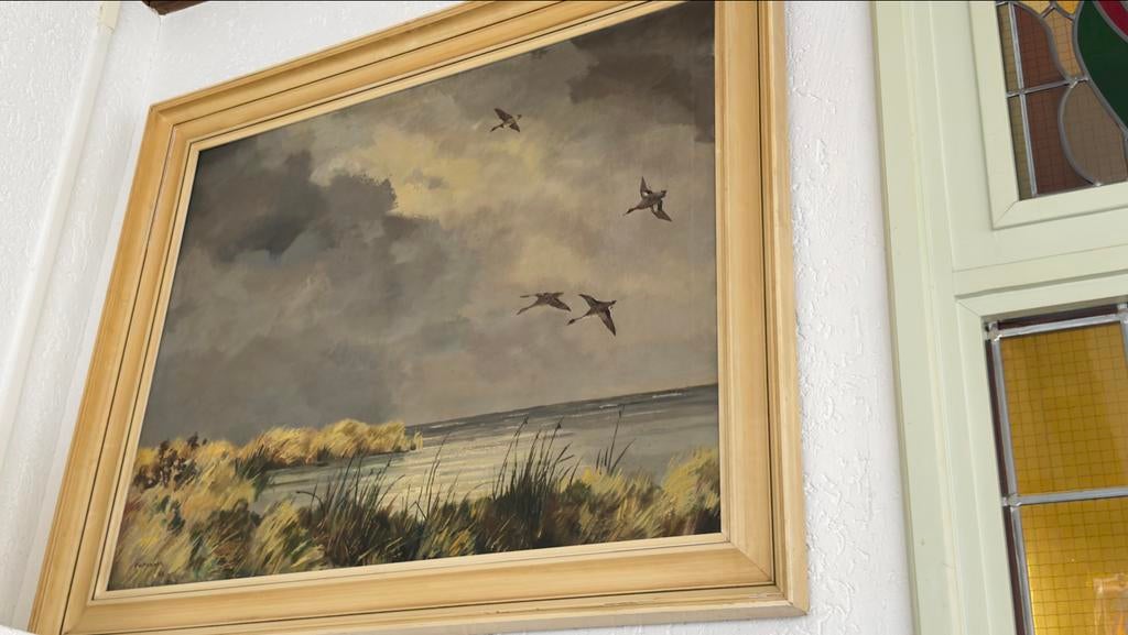 Schilderij van J.Schrijnder - Vliegende ganzen signeert op, Ophalen