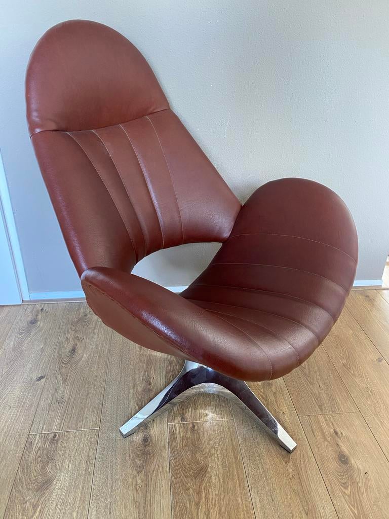 Vintage Draaifauteuil Enrico Walles Romefa met voetenbank, Huis en Inrichting, Ophalen, Gebruikt, Minder dan 75 cm, Leer