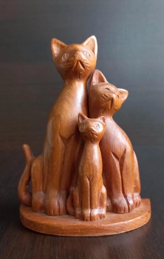 Art Deco fraai handgesneden houten familie katten sculptuur, Antiek en Kunst, Ophalen of Verzenden