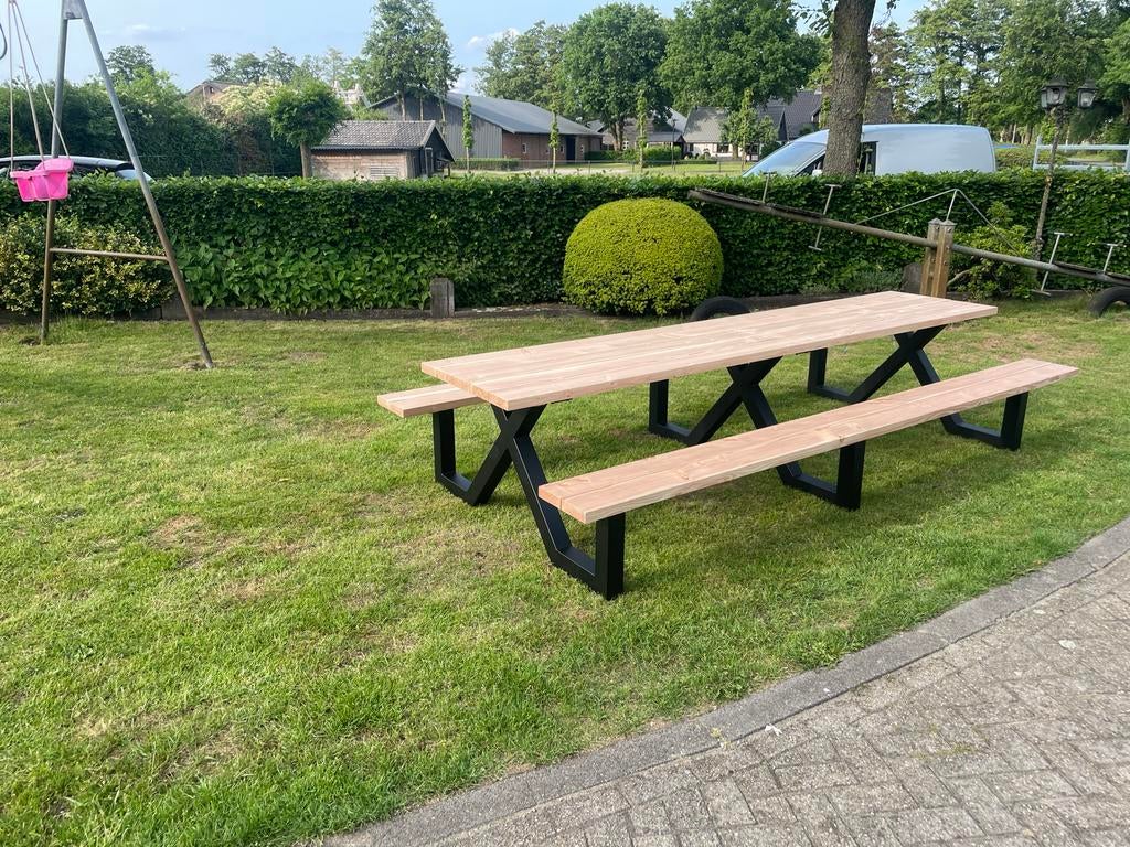 Picknicktafel Douglas hout met stalen poten, Tuin en Terras, Picknicktafels, Nieuw, Rechthoekig, Hout, Ophalen