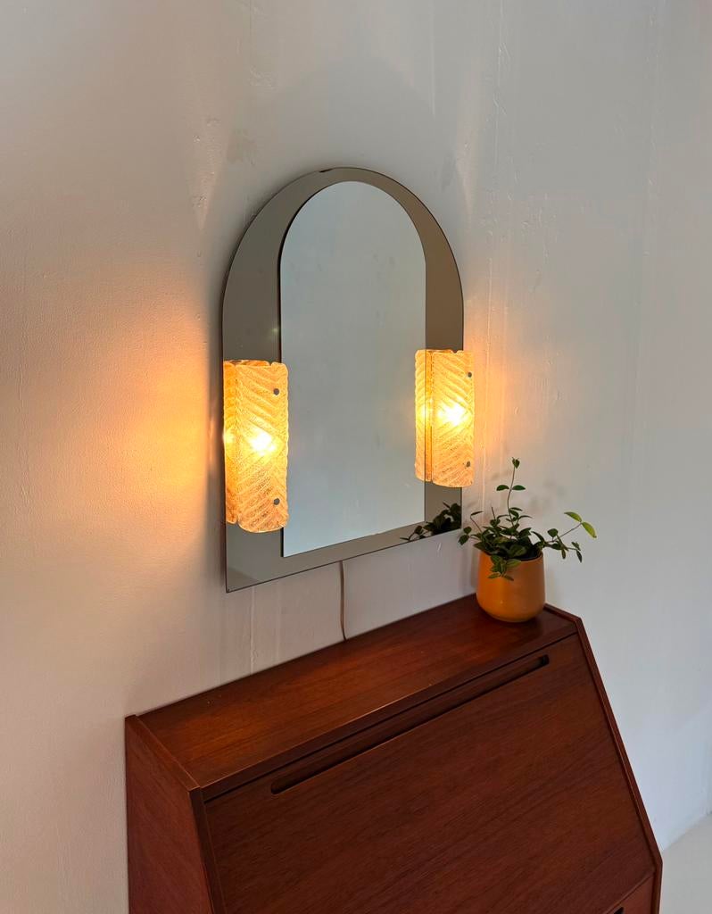 Vintage 2 kleurige spiegel met Murano glas, Hillebrand ‘80, Ophalen of Verzenden, Zo goed als nieuw, Minder dan 100 cm, Overige vormen