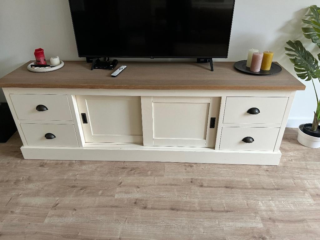 TV meubel met vier lades en twee schuifdeuren, Ophalen, 200 cm of meer, Minder dan 100 cm, 25 tot 50 cm