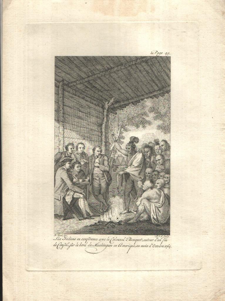 Les Indiens en conférence avec le colonnel Bouquet 1764, Antiek en Kunst, Kunst | Etsen en Gravures, Ophalen of Verzenden