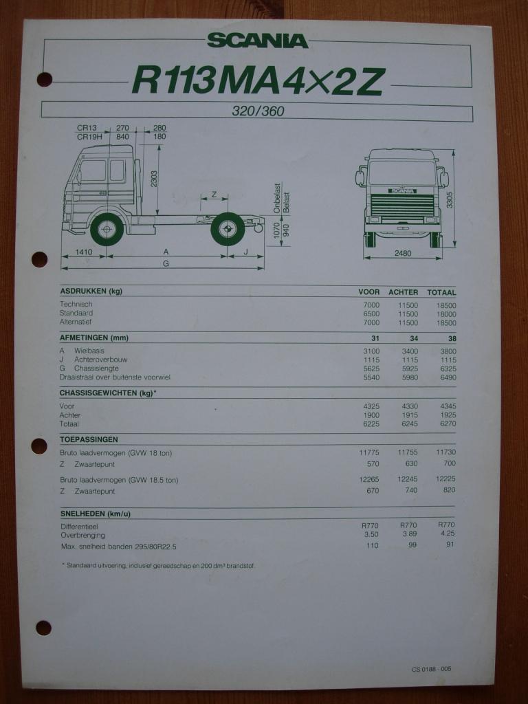 Scania 113 4x2 1988 Technische Specificatie Brochure, Boeken, Auto's | Folders en Tijdschriften, Zo goed als nieuw, Overige merken