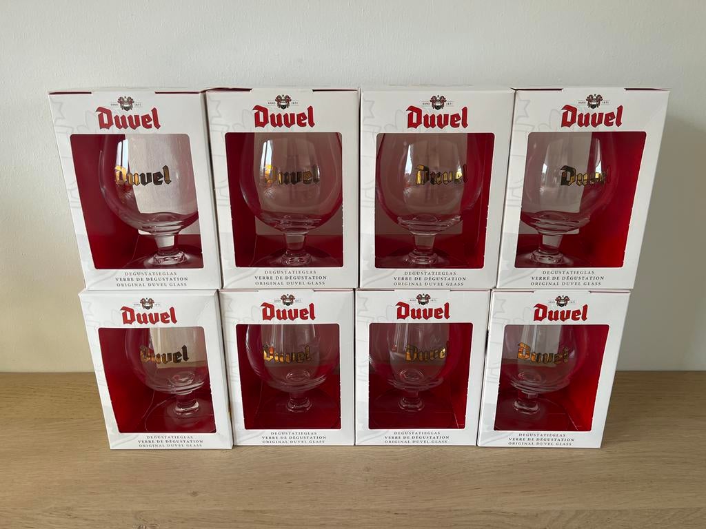8 stuks originele Duvel glazen , nieuw in doos, Ophalen of Verzenden, Nieuw, Glas of Glazen, Duvel