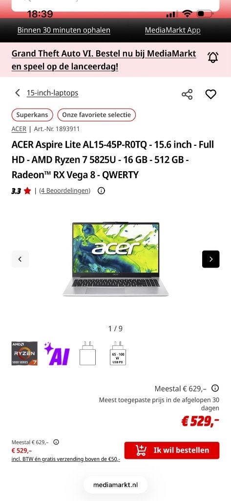 ACER Aspire Lite - 15.6 inch (NIEUW), Ophalen of Verzenden, Nieuw, 15 inch, 2 tot 3 Ghz