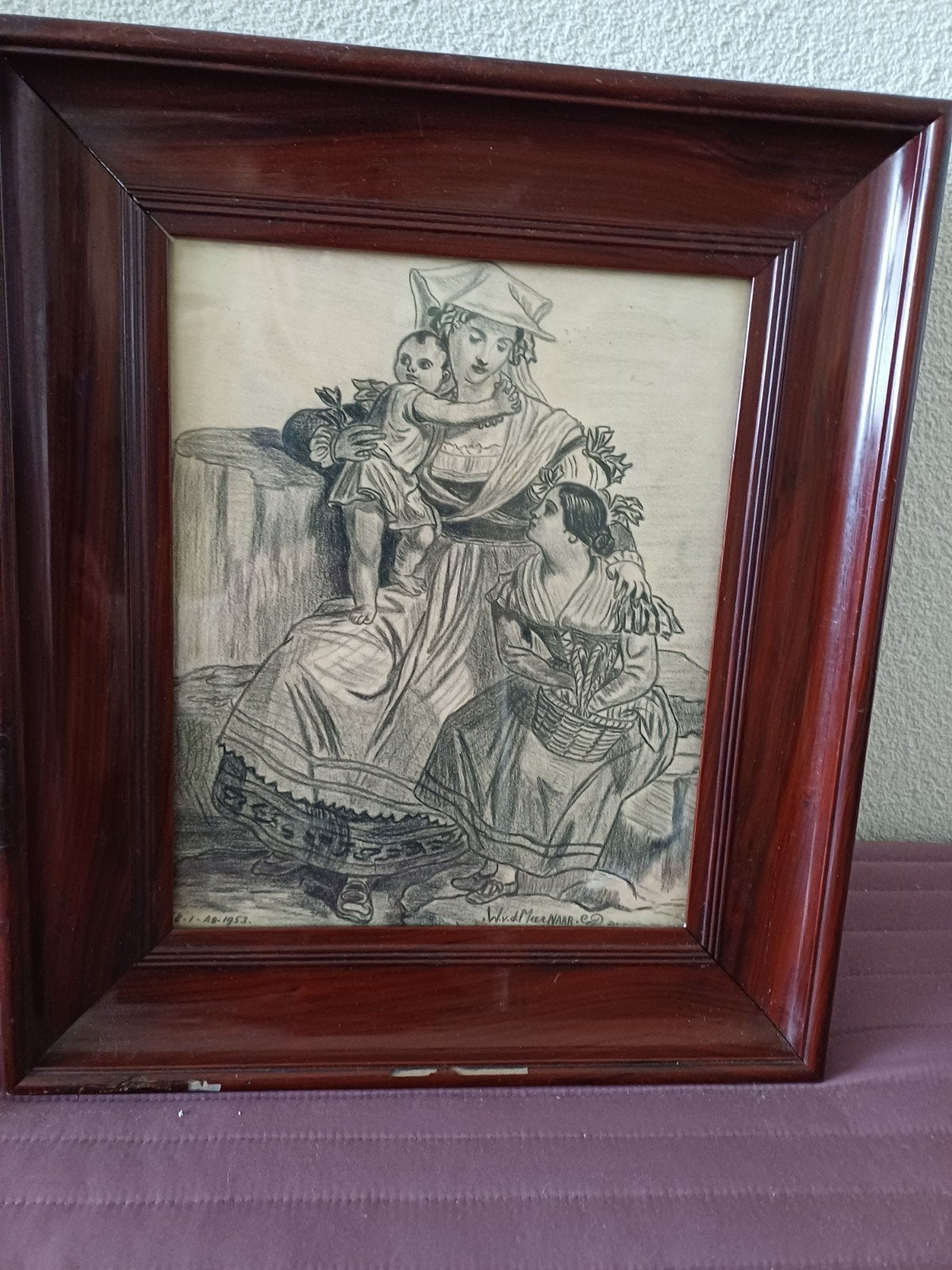 Oude tekening in oude lijst gesigneerd., Ophalen of Verzenden