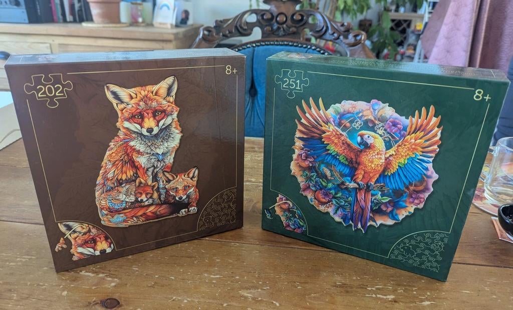 Houten puzzels: Vos en Papegaai (202 en 251 stukjes), Ophalen of Verzenden, Minder dan 500 stukjes, Zo goed als nieuw, Legpuzzel