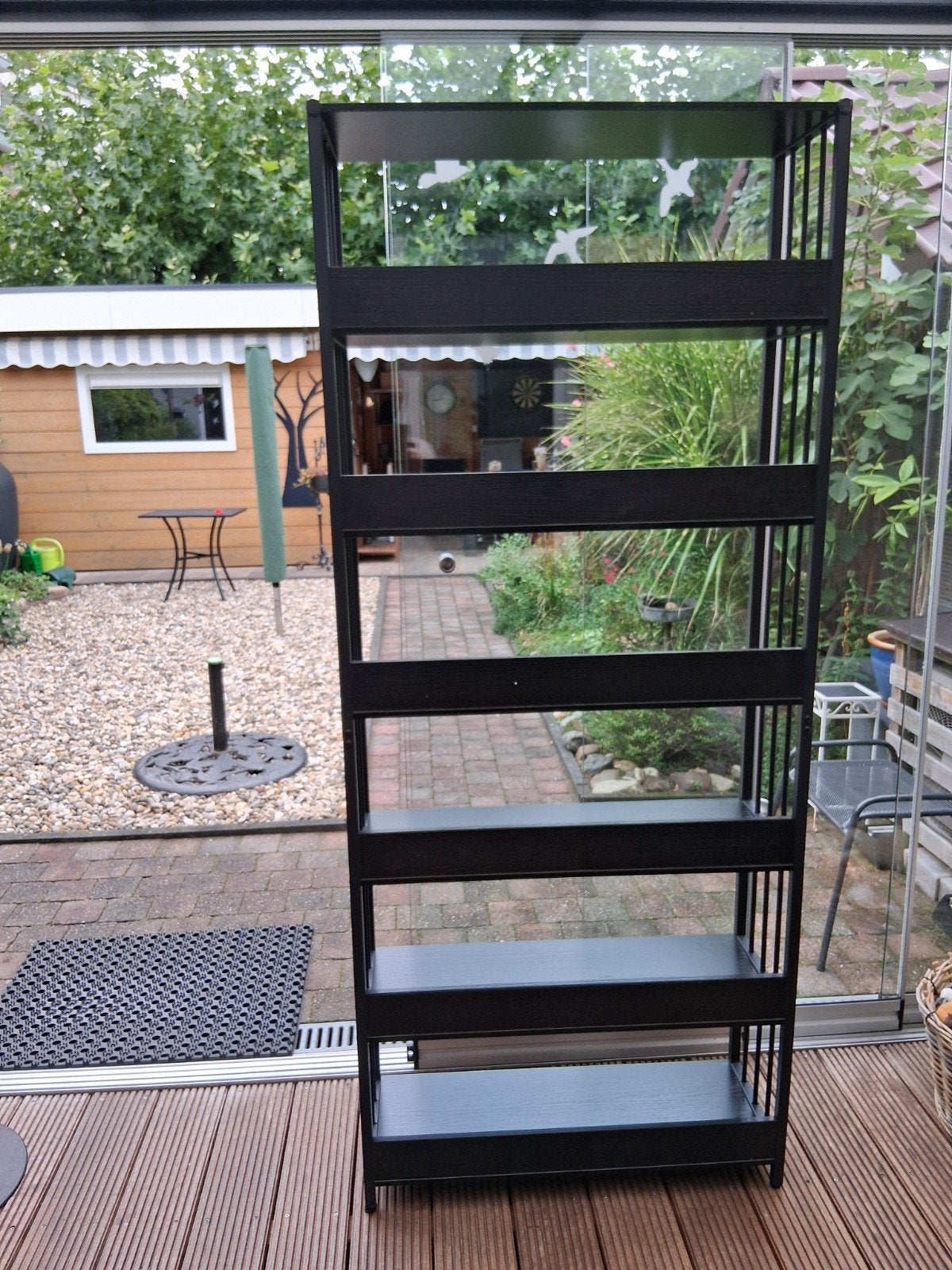 Zwart metalen rek met houten planken in nieuwstaat 202x80x30, Met plank(en), Gebruikt, 200 cm of meer, 50 tot 100 cm