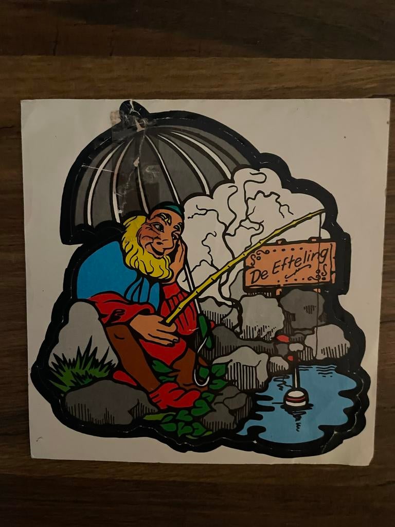 Vintage Efteling sticker - Visser met paraplu, Verzamelen, Efteling, Zo goed als nieuw, Overige typen, Ophalen of Verzenden