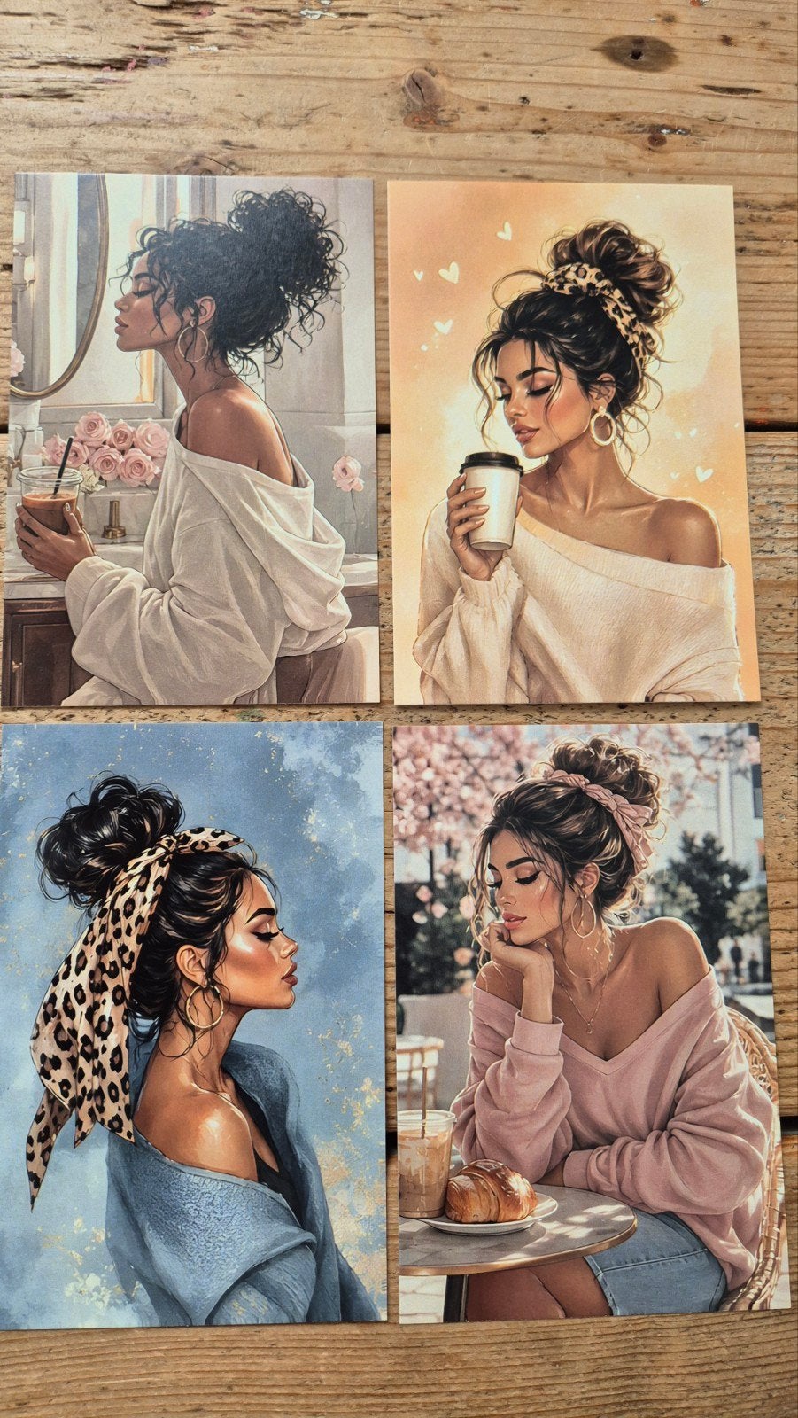 🩵Set van 4 kaarten Pin-up Coffee Girls Prints A6, Ophalen of Verzenden, Nieuw