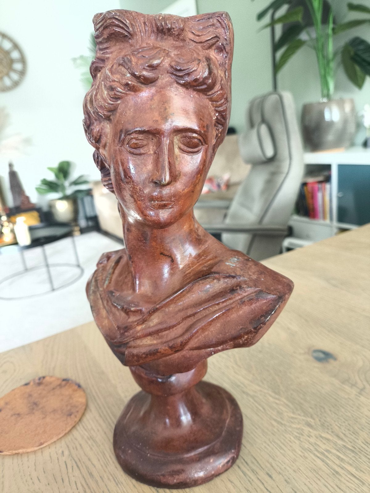 Antieke bronzen buste van een vrouw, Buste, Ophalen of Verzenden, 20 - 50 cm, Bruin