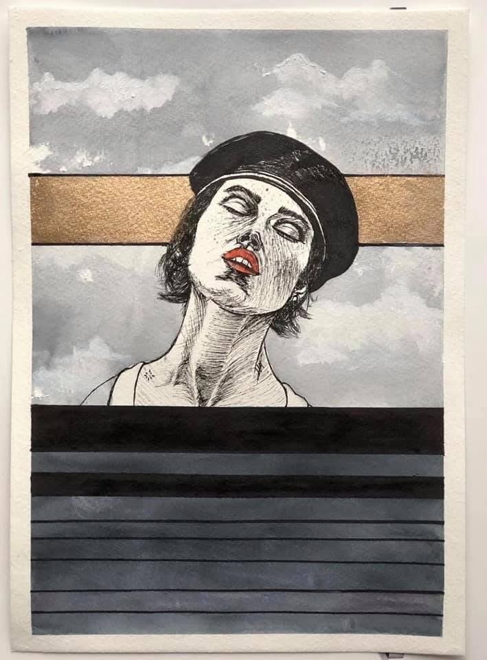 Origineel kunstwerk: Vrouw met baret op katoenpapier, Antiek en Kunst, Ophalen of Verzenden
