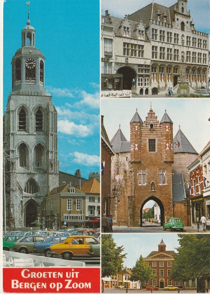 BERGEN OP ZOOM Kerk Markt Stadhuis Poort Groeten, Verzamelen, Ansichtkaarten | Nederland, Verzenden, 1980 tot heden, Gelopen, Noord-Brabant