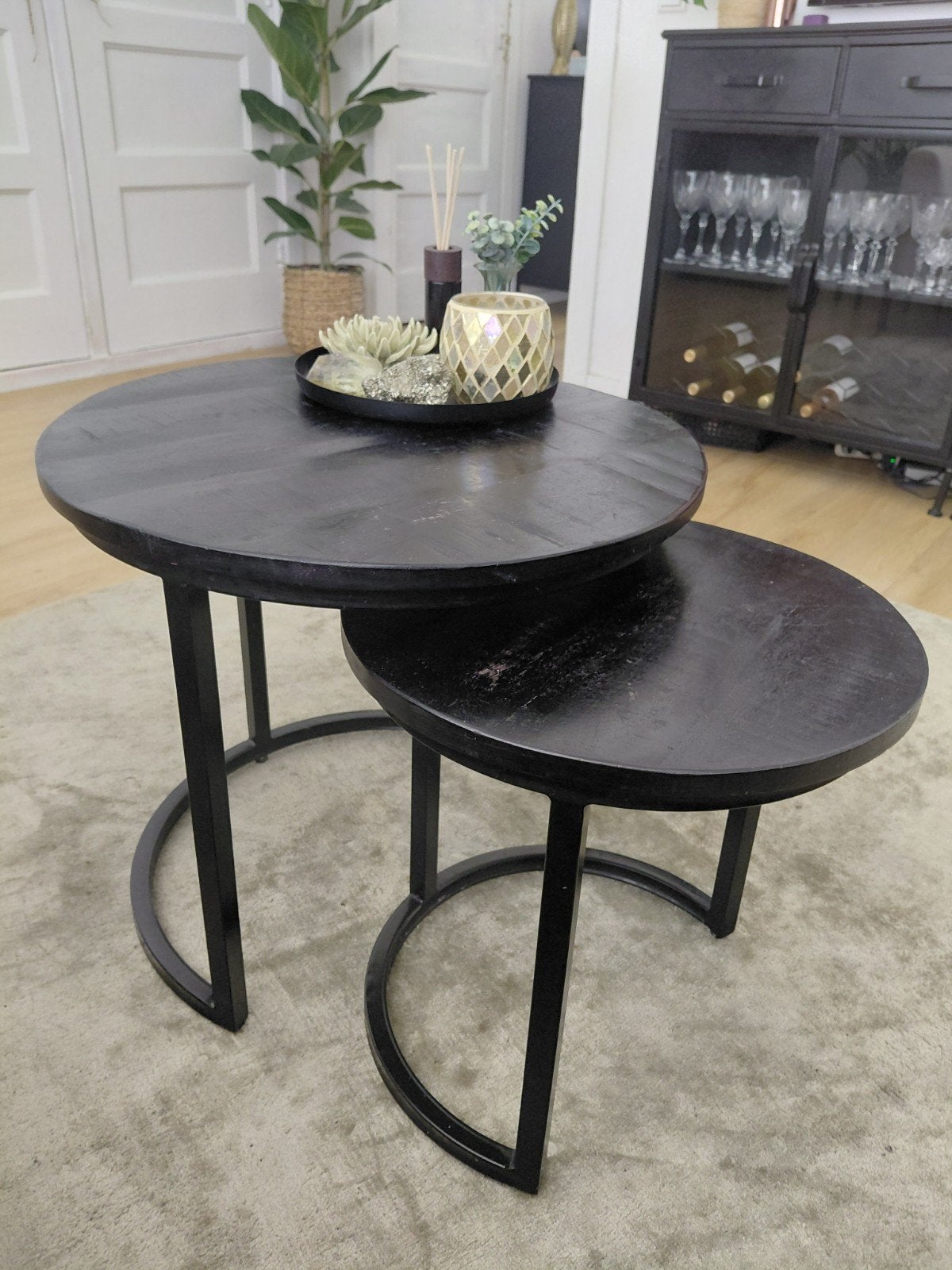 Set van 2 zwarte ronde salontafels, Minder dan 50 cm, Gebruikt, Modern, Industrieel, Rond