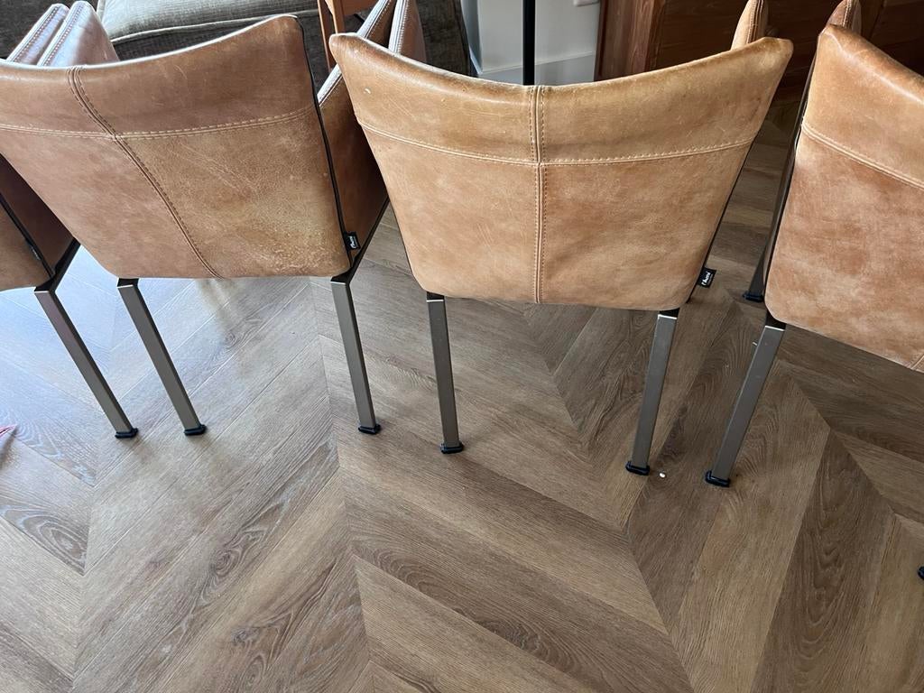 4 gratis leren eetkamerstoelen, Huis en Inrichting, Stoelen, Ophalen, Gebruikt, Bruin, Vier