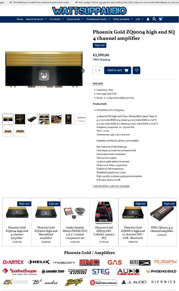 Phoenix Gold ZQ9004 high end SQ versterker, Hifi-Focus, Aalsmeerderweg 173 1432 CL, Aalsmeer, Nieuw, Ophalen of Verzenden