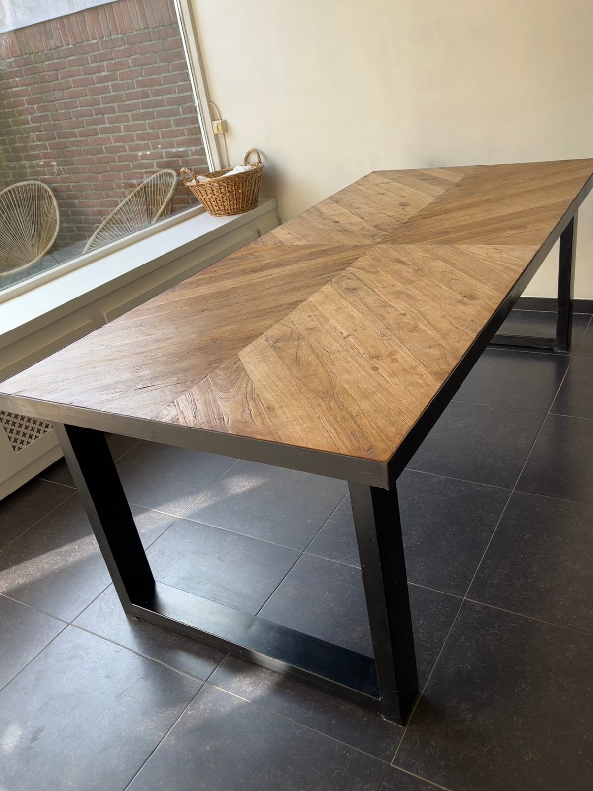 Grote houten eettafel, Ophalen, Gebruikt, 100 tot 150 cm, 200 cm of meer