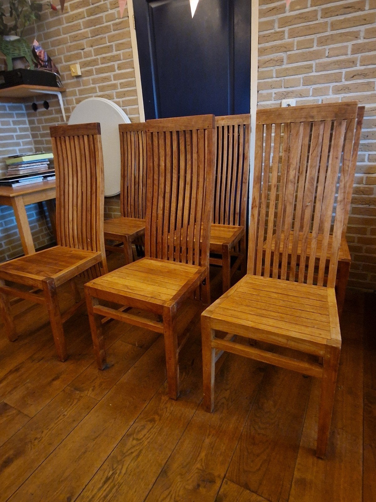 6 teakhouten eetkamerstoelen, hoge rugleuning, stevig, Huis en Inrichting, Stoelen, Ophalen, Gebruikt, Bruin, Vijf, Zes of meer stoelen