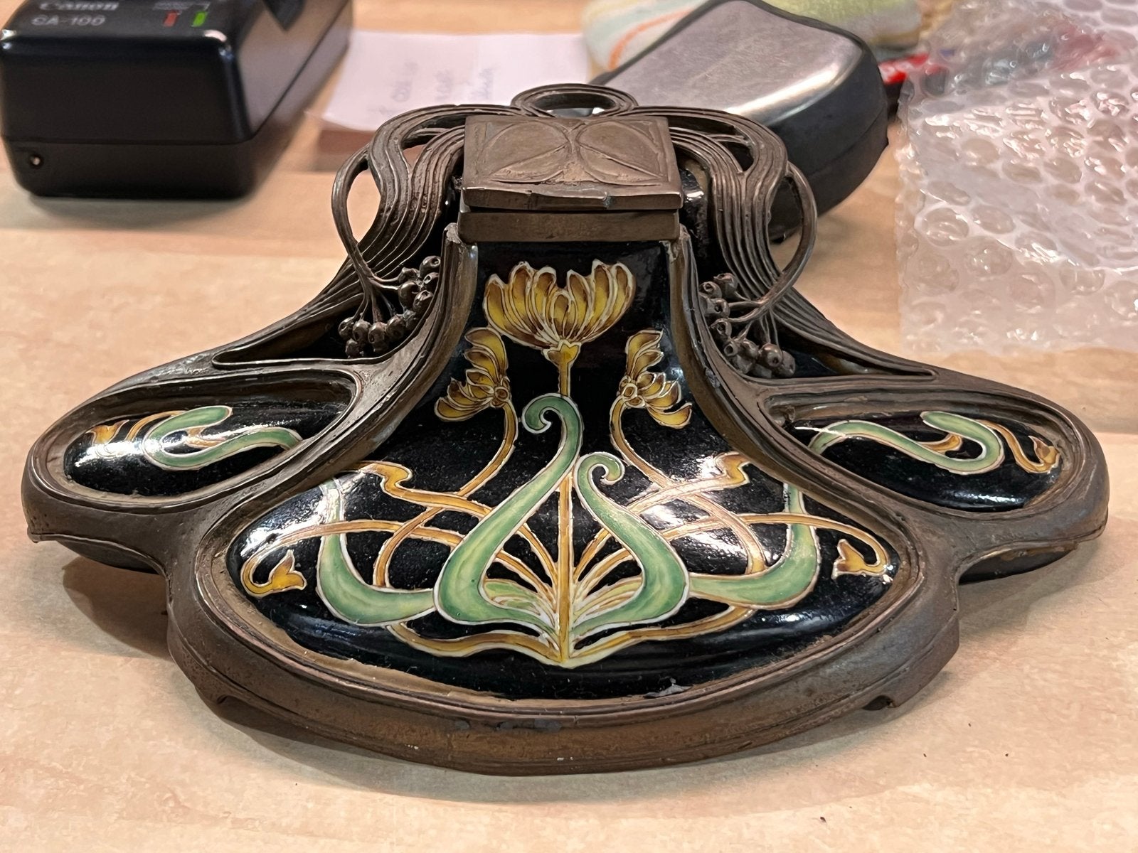 Replica Antieke Art Nouveau Inktpot met Keramiek en Metaal, Ophalen of Verzenden