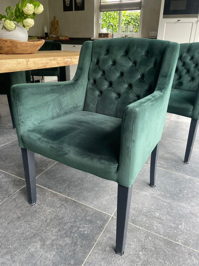 6 Luxe eetkamerstoelen | Velvet groen – Hotel chique, Huis en Inrichting, Stoelen, Overige kleuren, Ophalen of Verzenden, Zo goed als nieuw